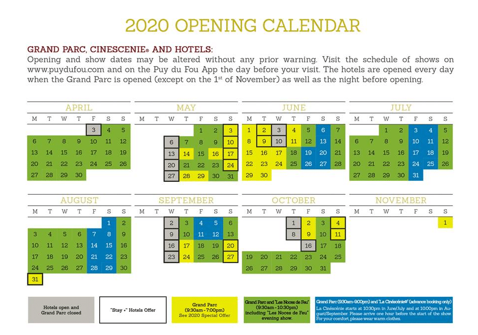 Puy du Fou 2020 Calendar